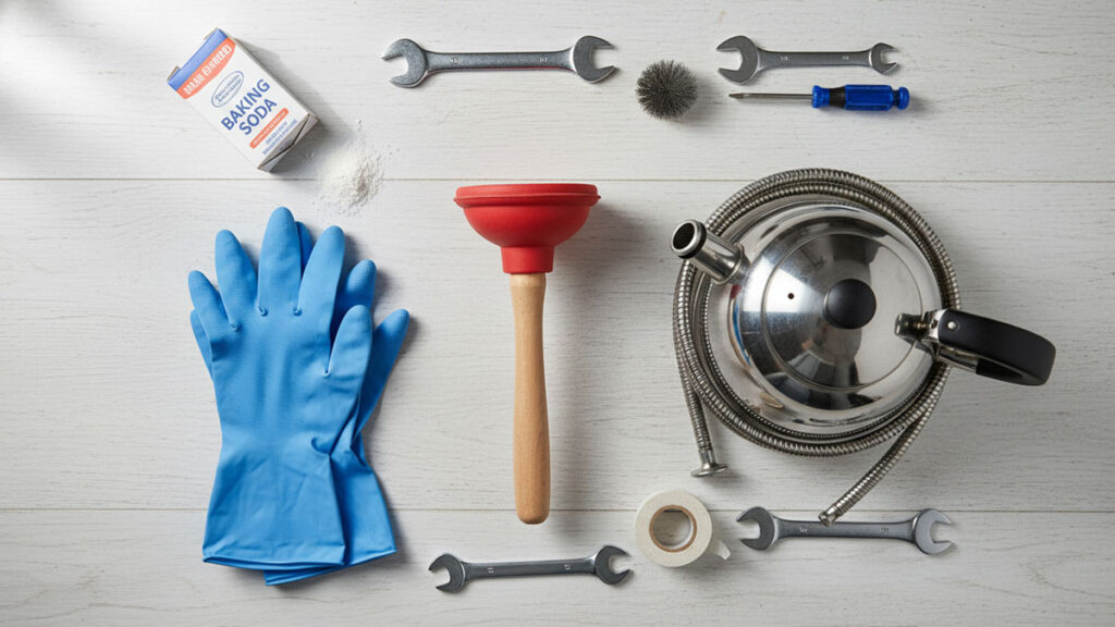Flat lay of tools - plunger, gloves, baking soda, kettle