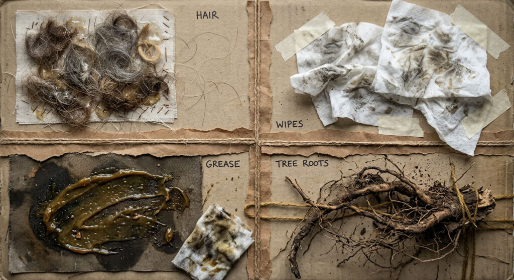 Collage - grease, hair, wipes, tree roots