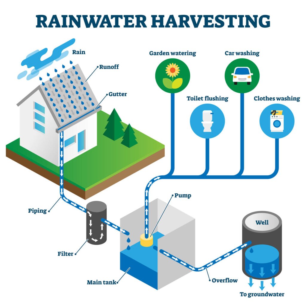 Rainwater harvesting system isometric diagram — Vector