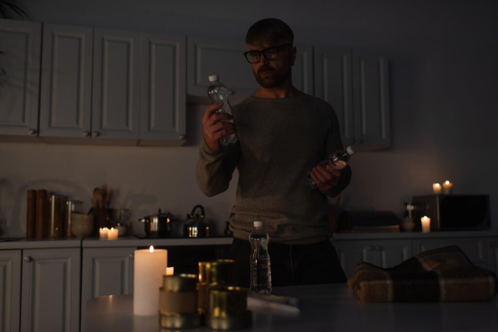 Man in eyeglasses holding bottled water near table with canned food and warm blanket in dark kitchen