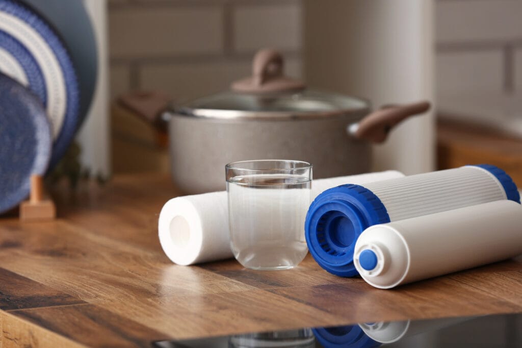 Glass of water with filters on wooden table in kitchen