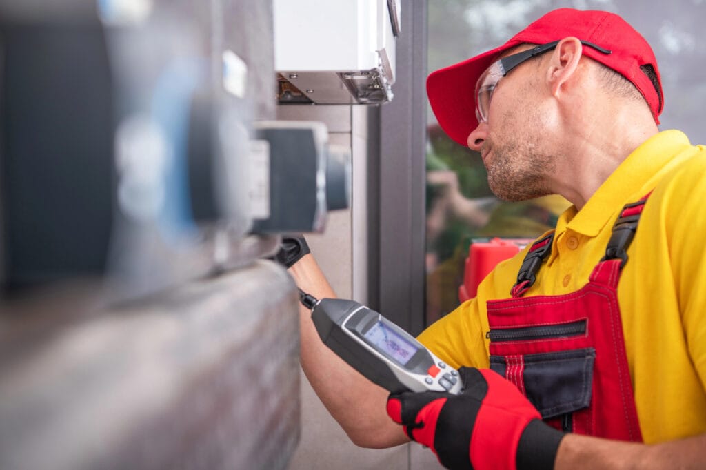 Caucasian Technician in His 40s with Gas Leak Detector Performing scheduled check