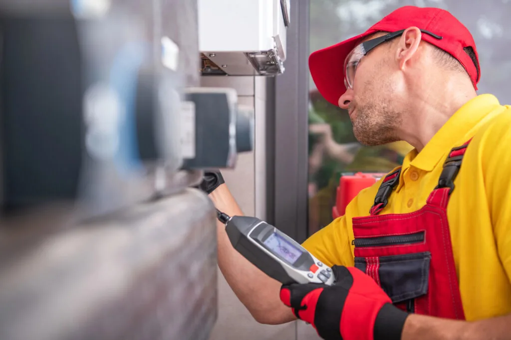 Caucasian Technician in His 40s with Gas Leak Detector Performing scheduled check