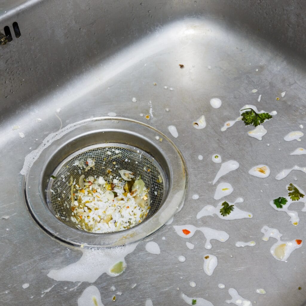 Common causes of blocked dishwashers – food scraps, grease, and soap residue clogging the drain strainer.