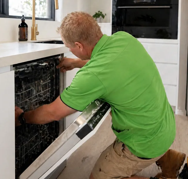 Plumber and Electrician installing a Dishwasher