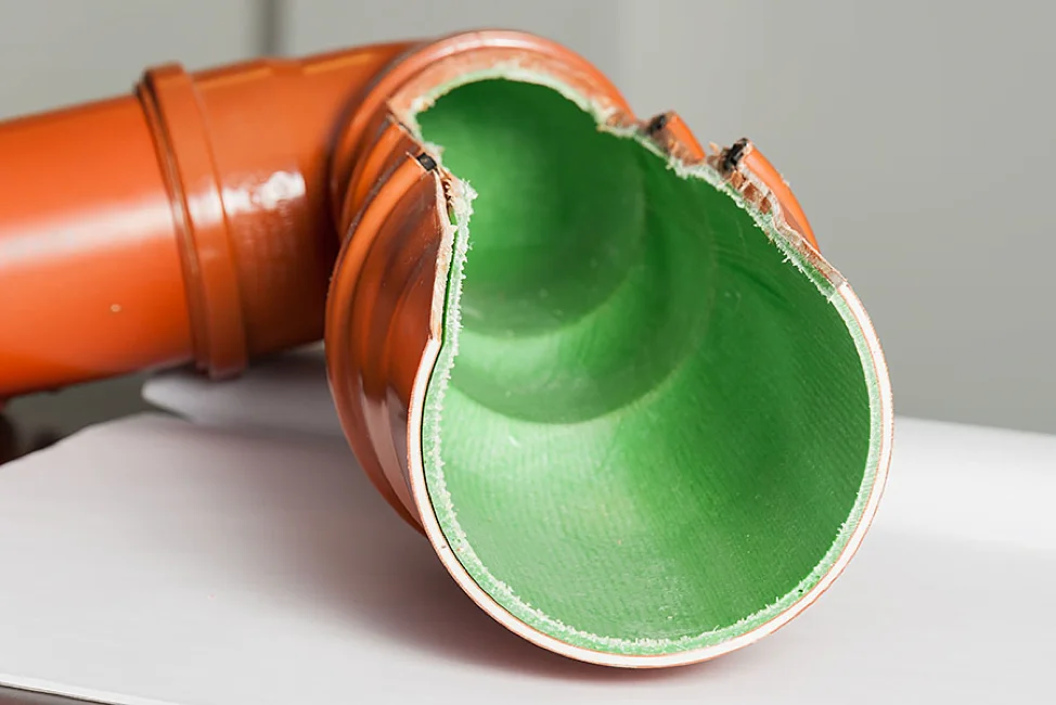 Cutaway view of an orange plastic pipe showing its green interior lining and layered pipe wall construction.