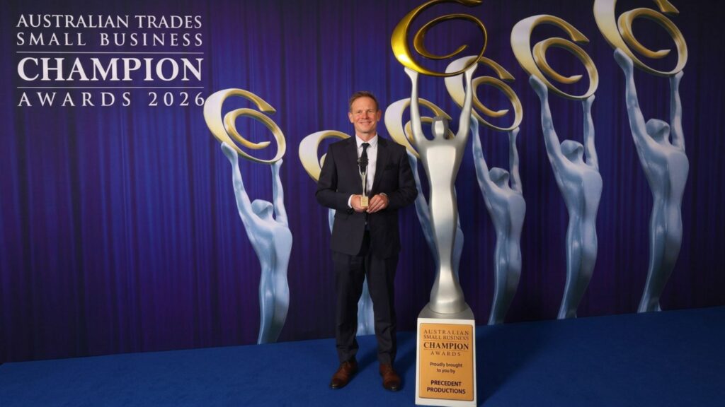 David Mikkelsen holding his 2026 Australian Trades Small Business Champion Trade Entrepreneur Award.